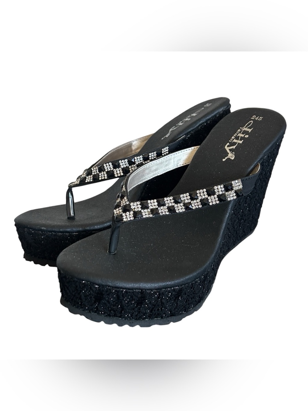 Y2K “Lily Taiwan” Black Sparkly Rhinestone Accent Chunky Wedge Sandals
